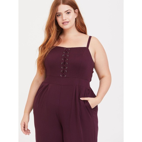 NWT Torrid Challis Lace Up Culotte Jumpsuit Burgundy Winetasting Plus Size 3 3X - Picture 13 of 16